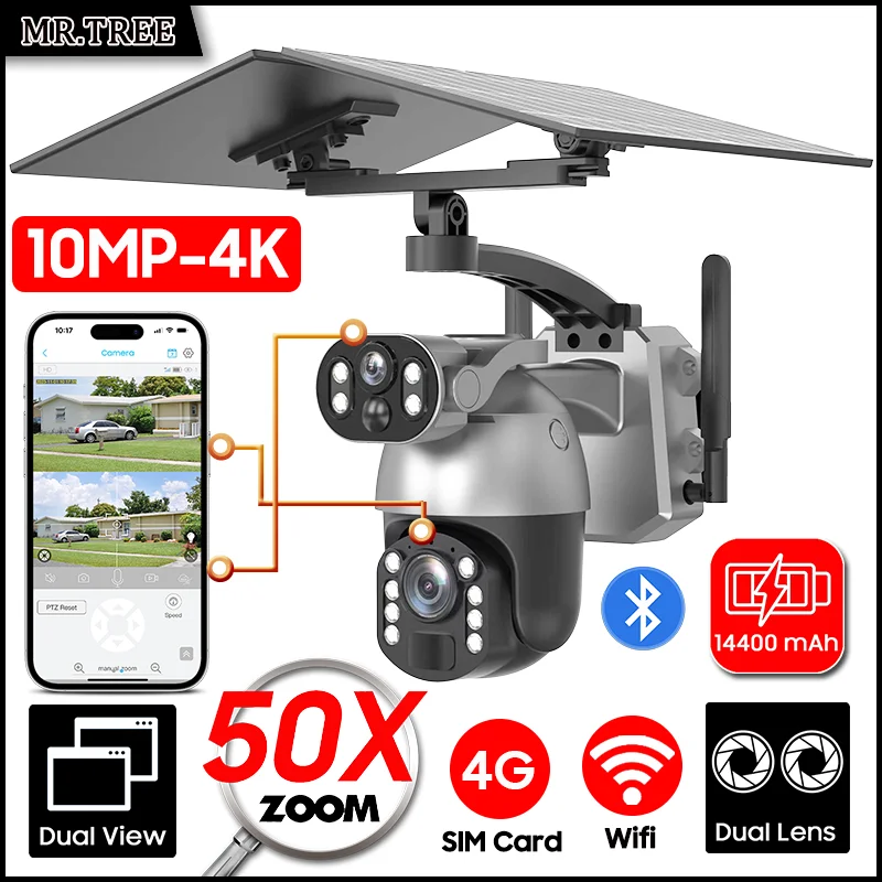 50XZOOM Telecamera solare 4G SIM/WiFi Telecamera di sicurezza esterna a doppio obiettivo con visione notturna, sorveglianza wireless impermeabile per giardino