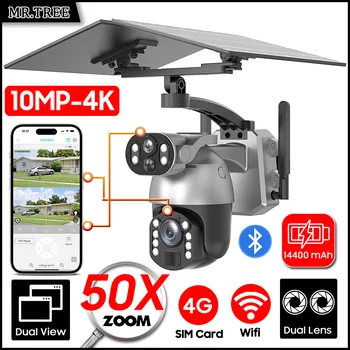 50XZOOM Telecamera solare 4G SIM/WiFi Telecamera di sicurezza esterna a doppio obiettivo con visione notturna, sorveglianza wireless impermeabile per giardino