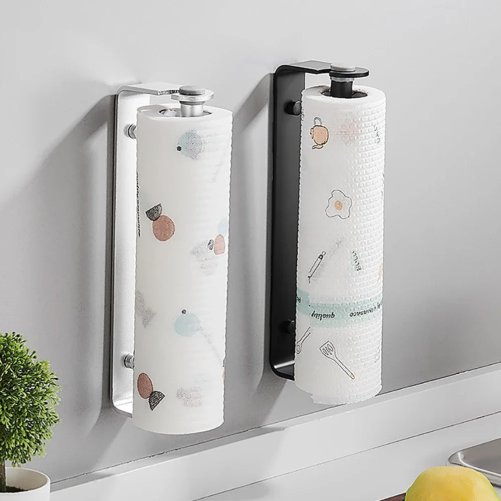 Paper Towel Holder Roll Paper Holder Black Aluminum Cling Film Towel Rack Kitchen Accessories Toliet Tissue Hanger Wall Organizer Storage Shelf