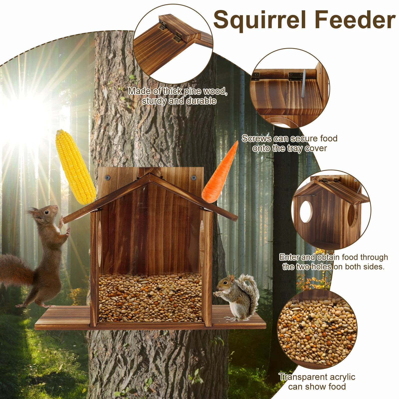 Wooden Squirrel Feeder Bird Feeder Outdoor Garden Creative Pet Dining Table with Roof Squirrel Feeding Stations for Corn Peanuts