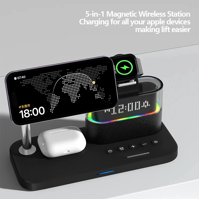 

Fast Charging Dock Station Magnetic Wireless Charger Stand RGB Alarm Clock Stand Holder for iPhone 15 14 13 pro iWatch 8 7