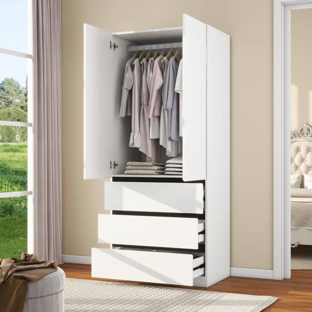 Modern 75" White Bedroom Armoire Wardrobe Closet with 3 Drawers and Shelves - Stylish Storage Solution 3