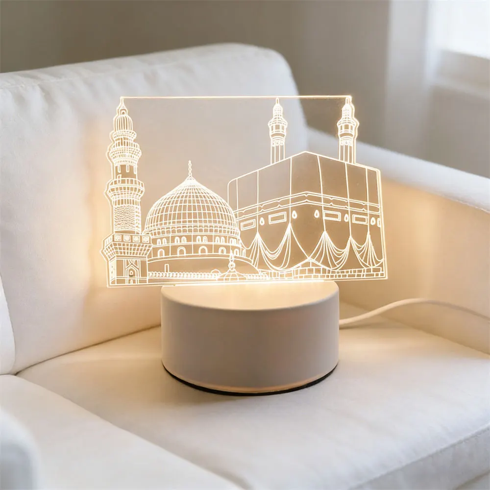LED Night Light with 3D Moon Castle Design - Acrylic Eid Mubarak Ornament for Holiday and Festival Decor