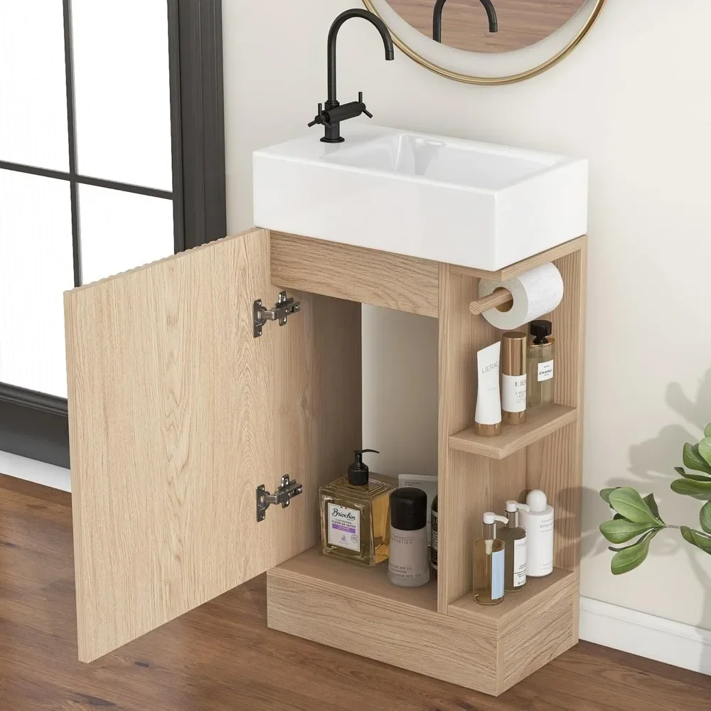 19" Small Single Bathroom Vanity with Sink,1 Door,Toilet Paper Holder and 2 tier Shelves,Natural Wood Bathroom Vanity Sink 3