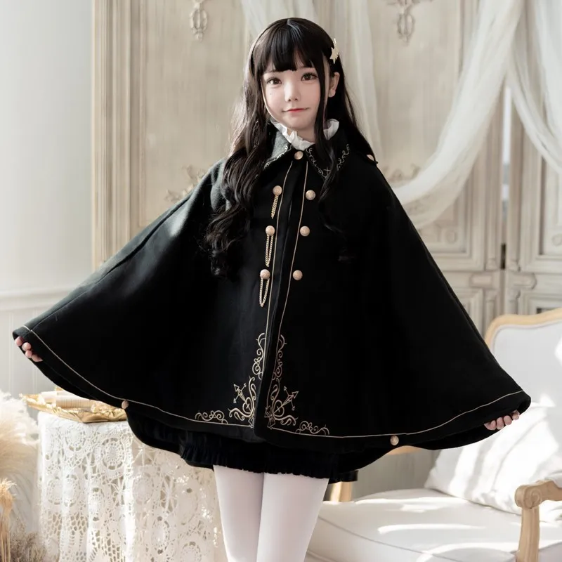 Winter Woolen Women Cloak Magic school Coat Gold Cross Embroidery Gothic Black Lolita Princess Royal Long Cape Preppy Style 