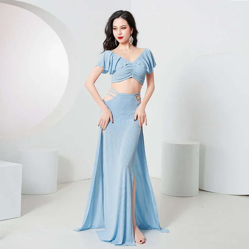

Girl's Belly Dance Practice Clothes Short Sleeves Top+split Long Skirt 2pcs Oriental Cotton Group Suit Belly Dancing Wear Outfit