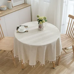 Elegant Tassel Edge Cotton Linen Tablecloth - Solid Color Dust-Proof Cover for Farmhouse & Kitchen Decor (Tassels A)