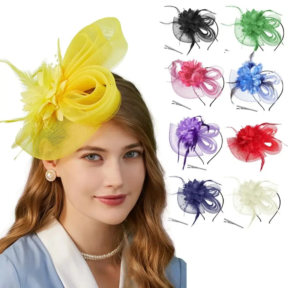 Formal Dress Small Top Hat Headband British Retro Clear Beads Cocktail Bridal Mesh Ribbons Cap Exquisite Luxury