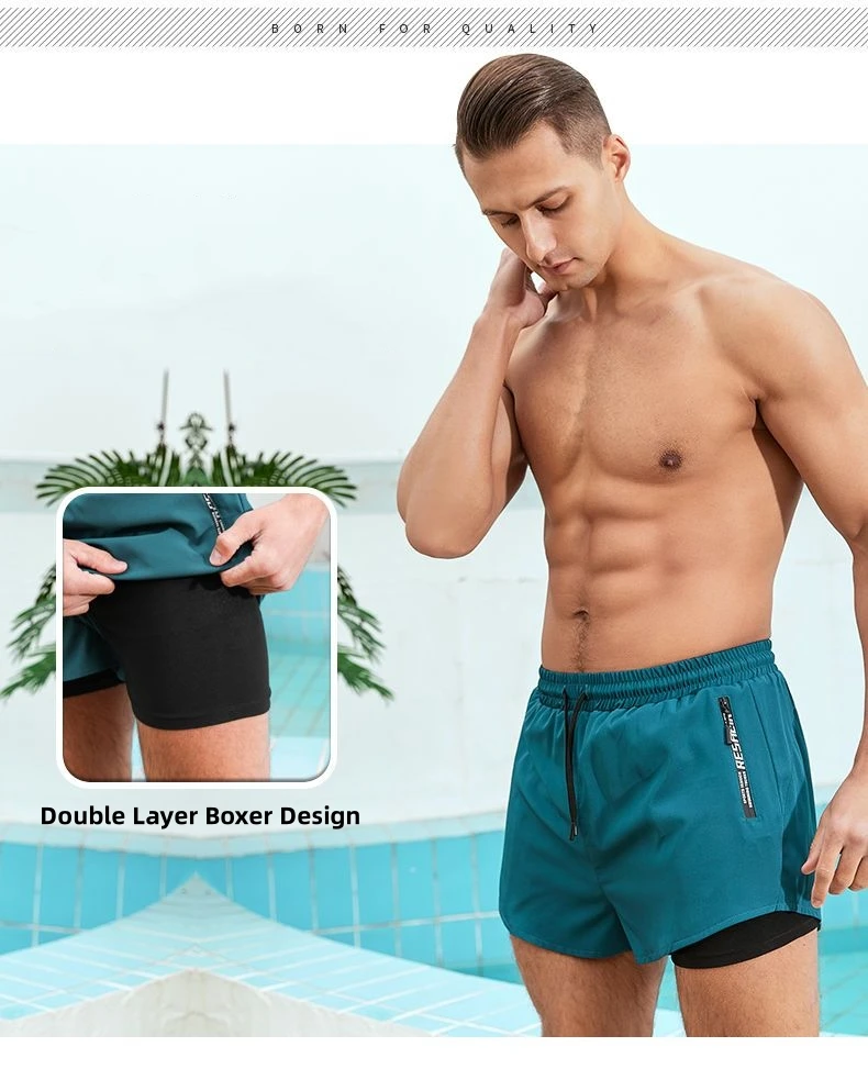 Swimming Shorts Pant Double Layer Anti-Awkward Loose Quick Dry Breathable Men's Gear Beach Trunks Swimming Goggles Zipper Pocket