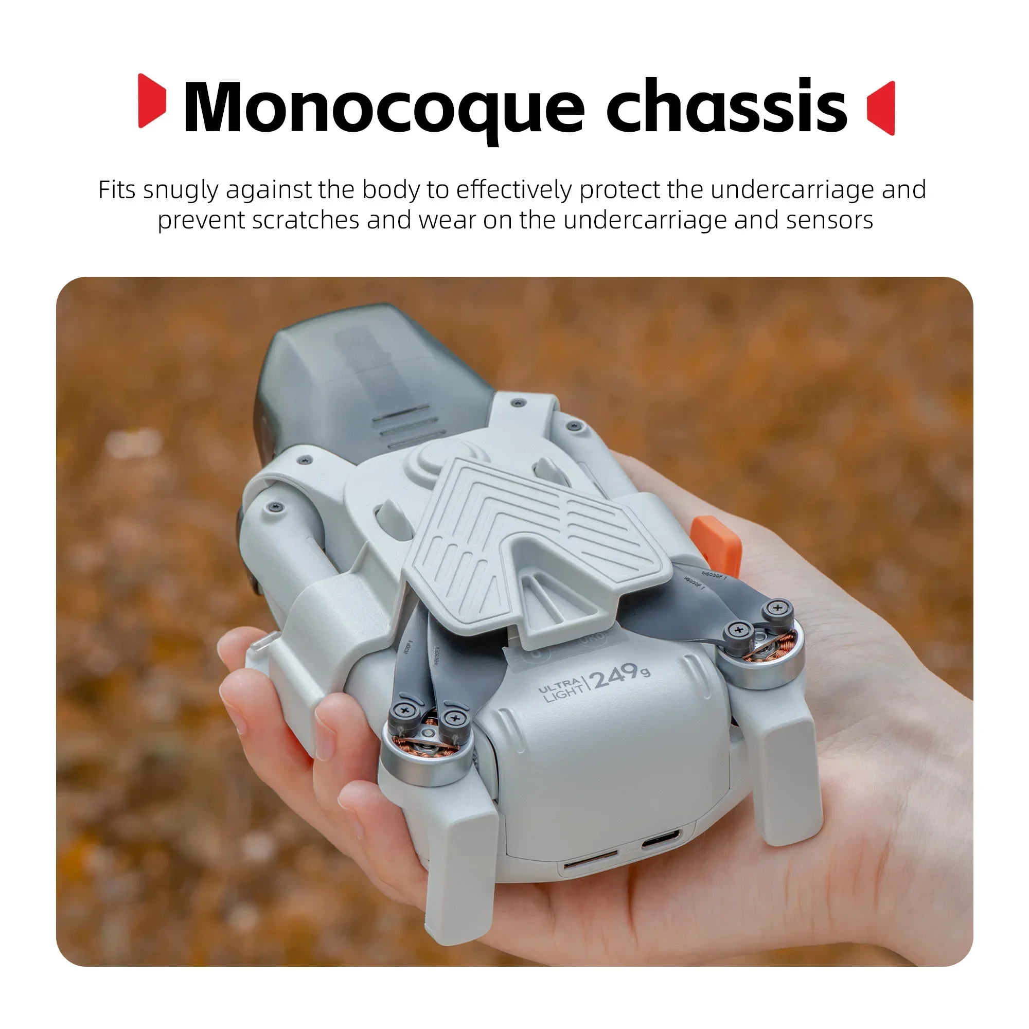 Détail du châssis de protection pour drone LITO 1/X1 montrant la coque ABS+PC orange et les fixations