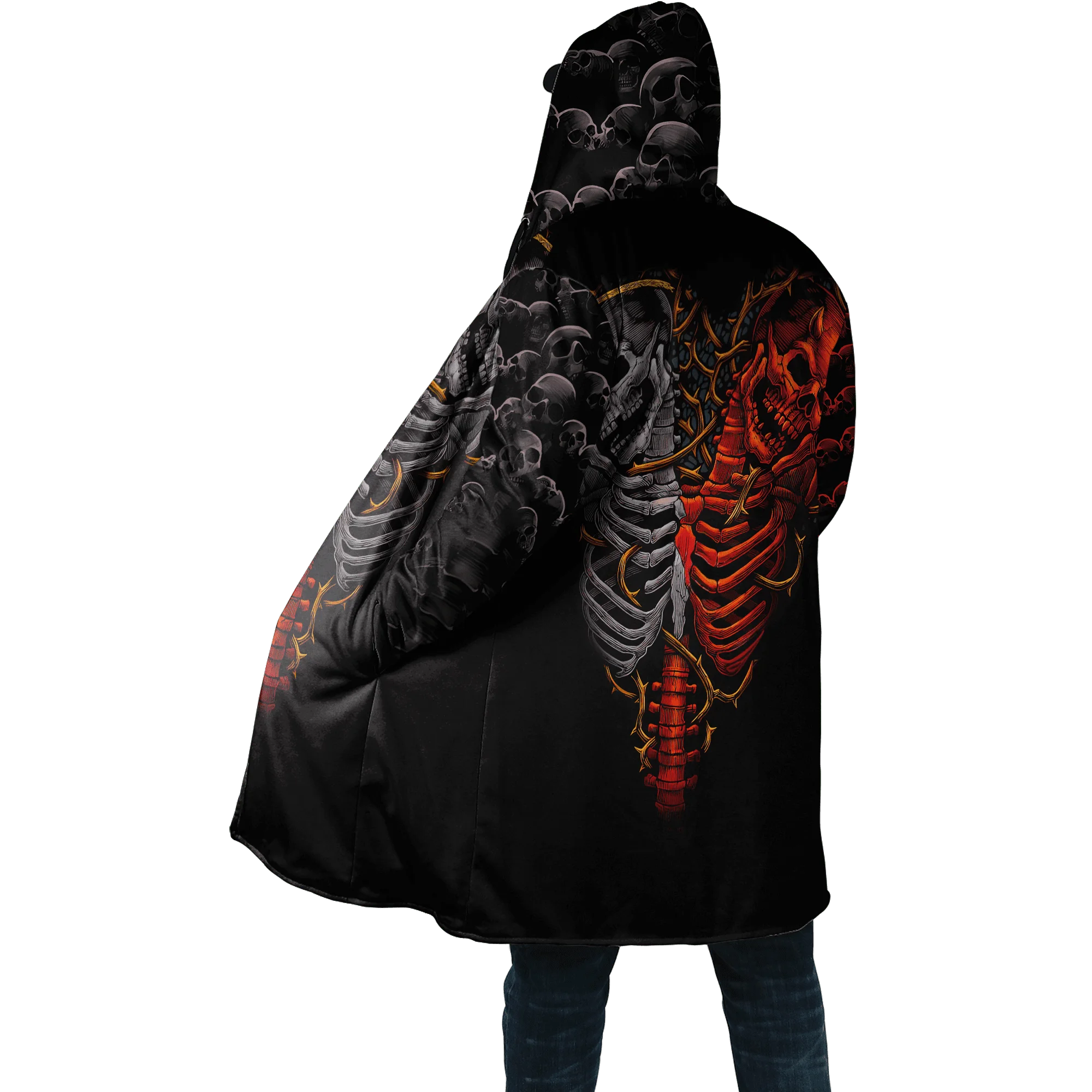 PLstar Cosmos Herren-Umhang, Totenkopf, Teufel, Tattoo, 3D-Allover-bedruckter Fleece-Kapuzenumhang, Unisex, lässig, dick, warm, Umhang, Mantel PF71 – Detail 36