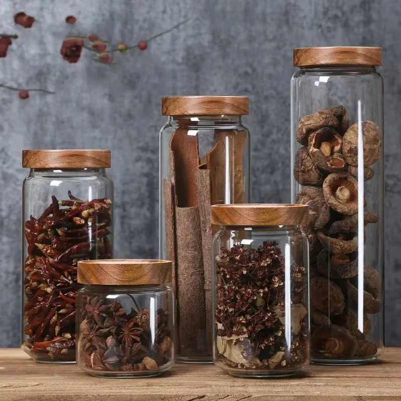 1Pcs Glass Food Storage Jars,Food Containers with Airtight Bamboo Wooden Lid for Cookies,Nuts,Coffee Beans,Cereal,Glass Canister 3