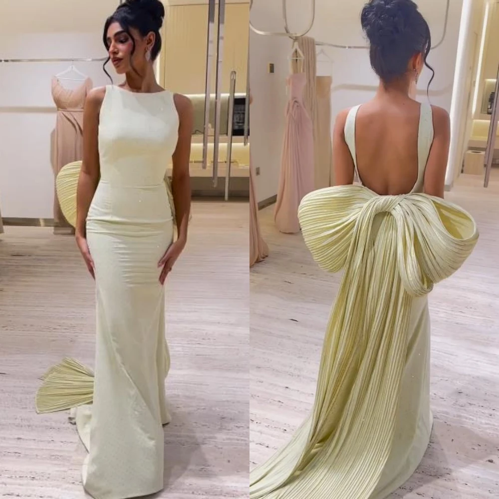 

Sexy Prom Saudi Arabia Jewel Sheath Quinceanera Dress Open back Bows Draped Floor length Skirts Charmeuse Evening