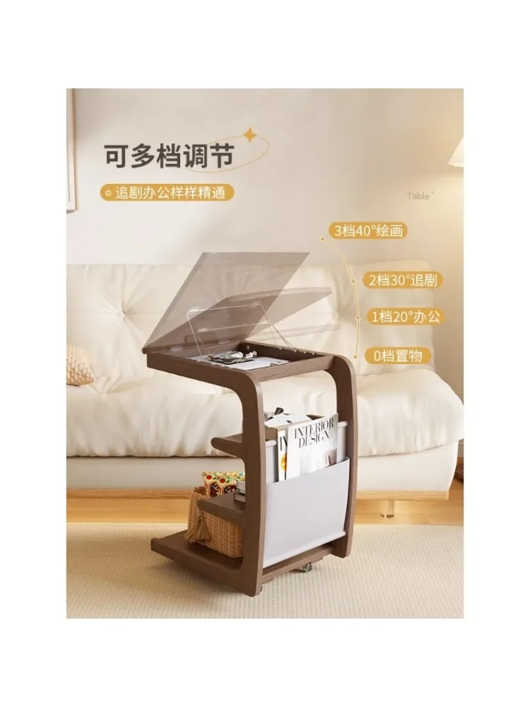 Solid Wood Sofa Side Table Movable Living Room with Wheels Side Cabinet Bedside Supporter Household Coffee Table Small
