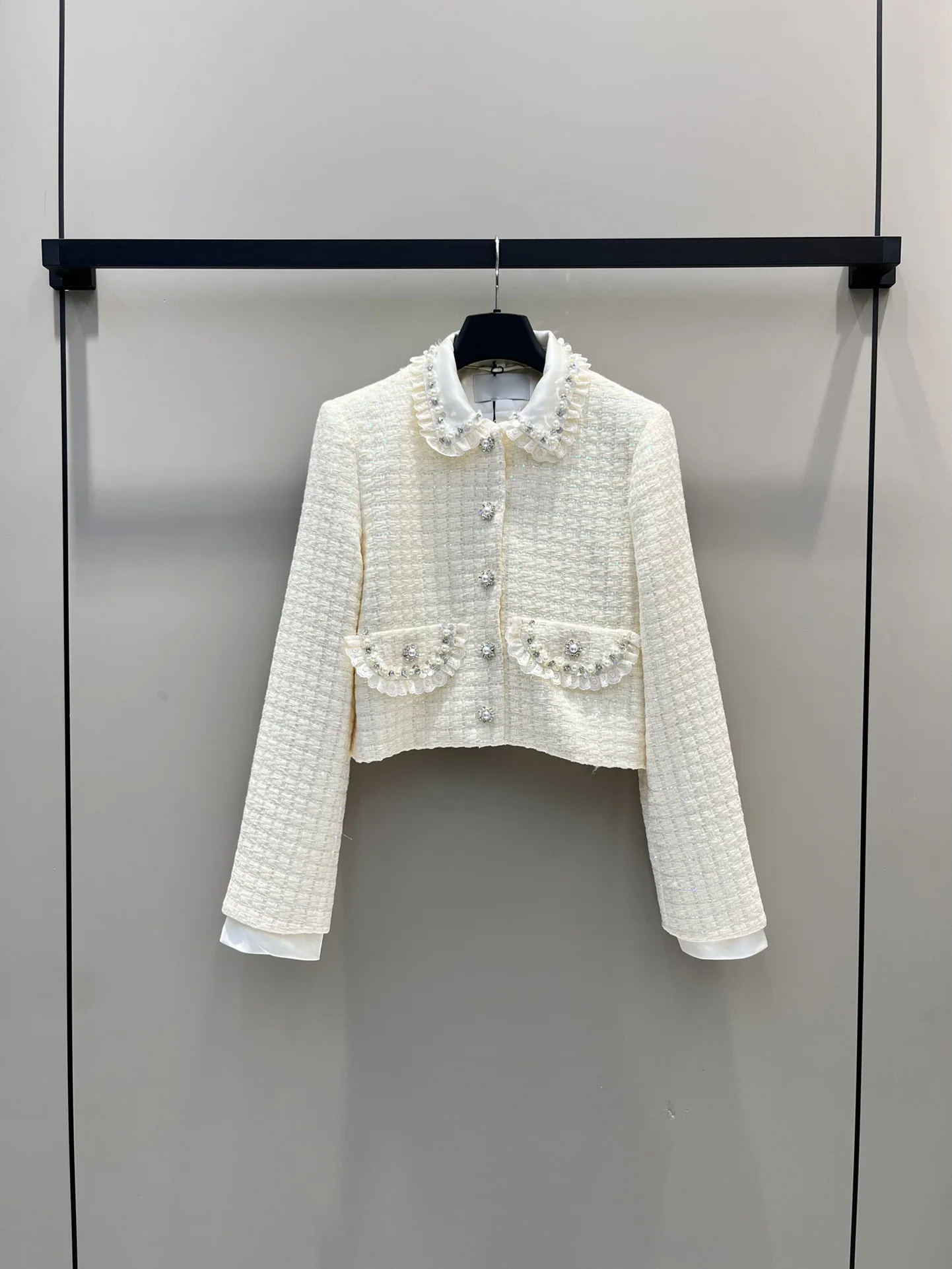 

Women's Clothing pearl diamond lapel lace bead woven coat Autumn Winter New 168