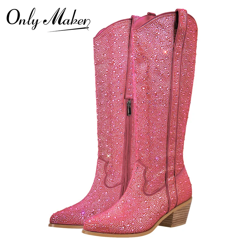 Onlymaker bottes à strass roses pour femmes, bottes à hauteur de