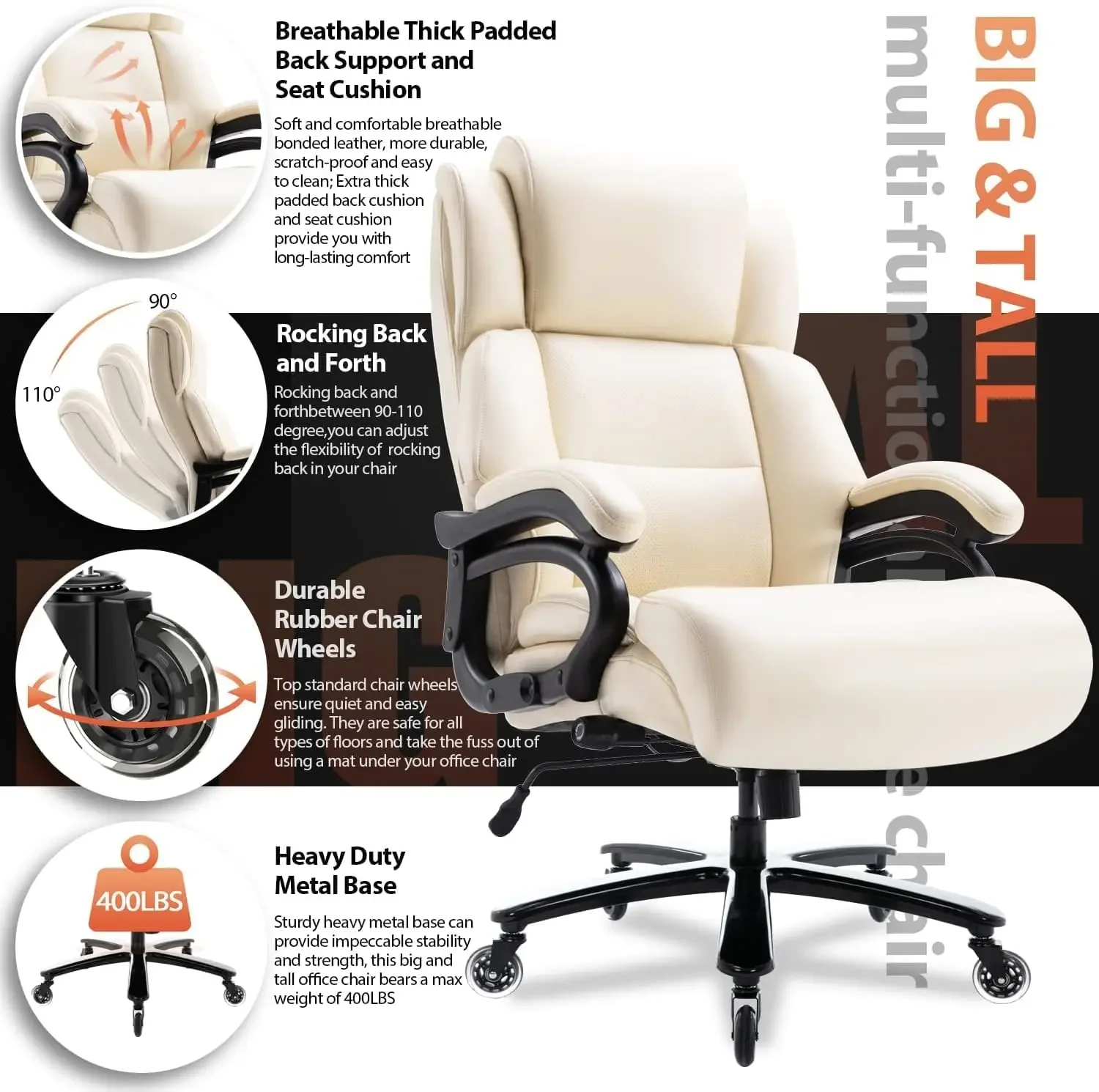 400lbs Office Chair AdjustableLumbarSupport HeavyDutyMetalBaseQuietRubberWheelsHighBack Large ExecutiveComputerDesk Swivel Chair 4