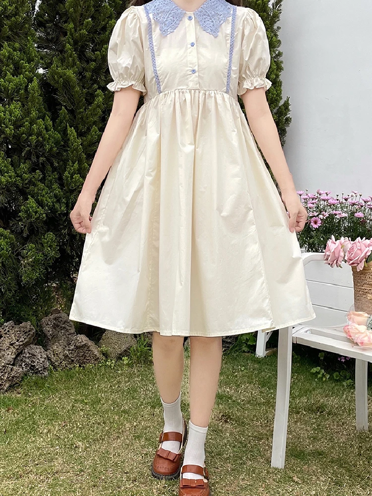 

Mori Girl Sweet Preppy Style Dress Women's Spring Summer Peter Pan Collar Short Sleeve Student Mid Dresses Elegant Clothing 2023