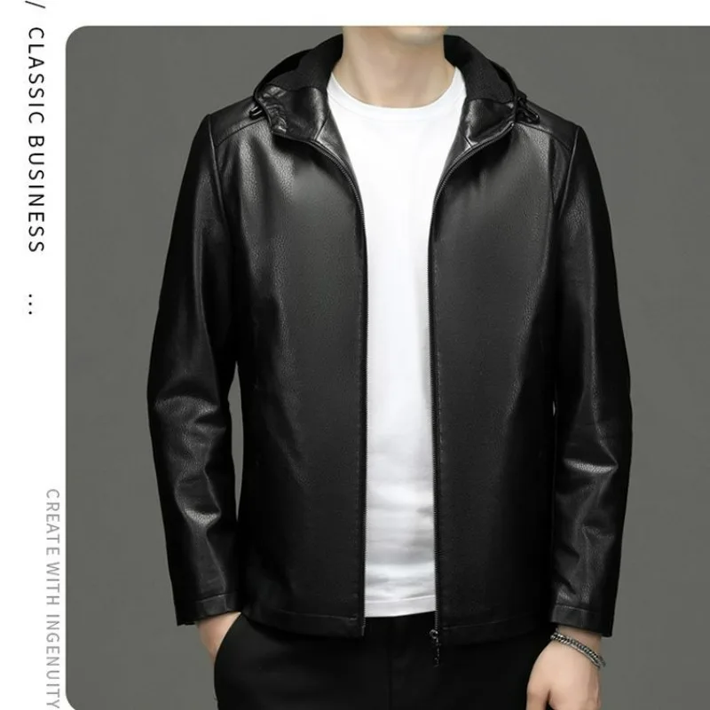 2023 New Men Artificial Leather Casual Jacket Hooded Thin and Winter Fleece-Lined High-End Solid Color Jacket Loose Durable