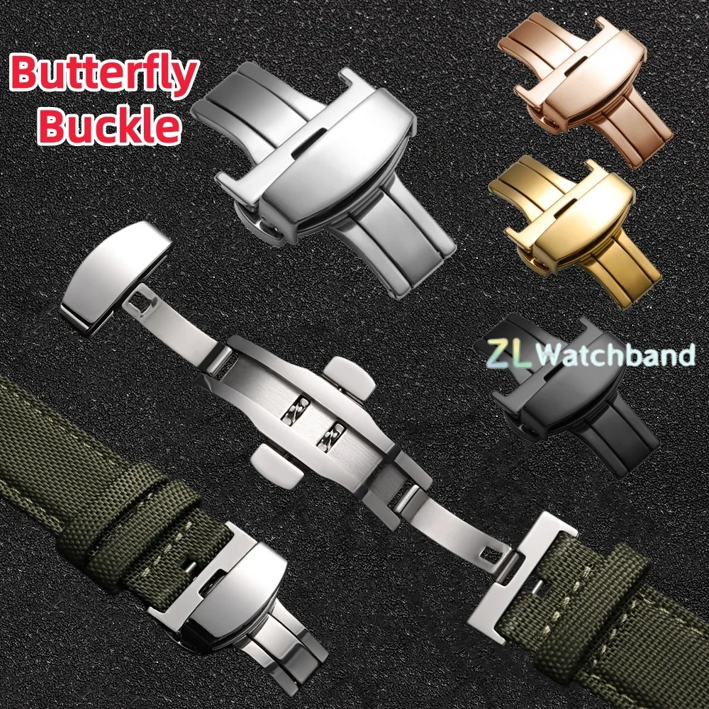 Elegant Stainless Steel Butterfly Clasp Watch Band Strap with Double Click Deployment - Various Sizes Available