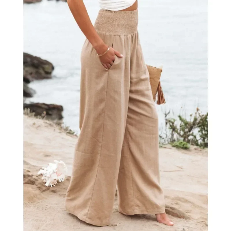 Spring Summer for Women 2024 New Female Pants Office Lady Cotton Linen Pockets Solid Loose Casual White Wide Leg Long Trousers