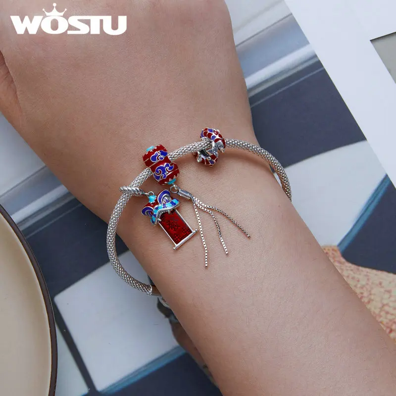 WOSTU 925 Sterling Silver Chinese New Year Series Red KOI Lantern Charm Fortune Cat Bead Fit Bracelet DIY Necklace Jewelry Gift 2
