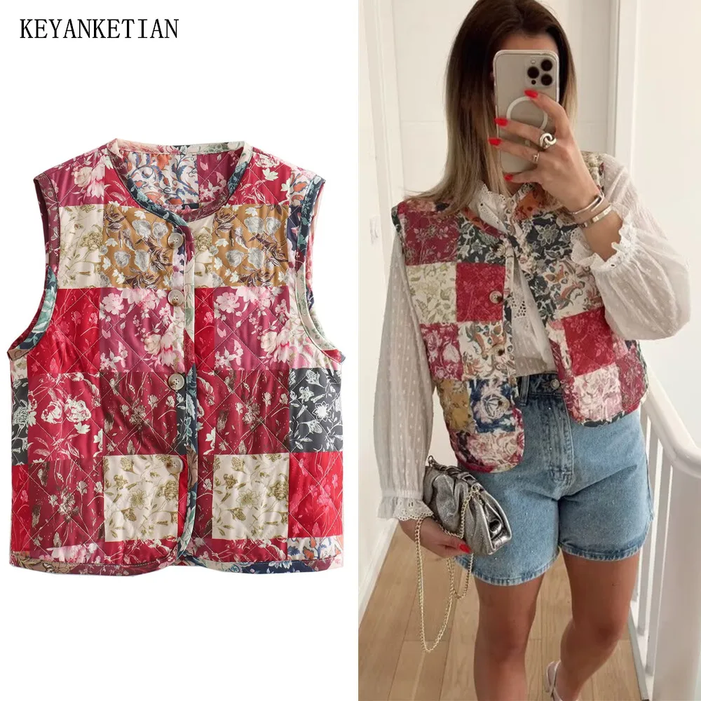 

KEYANKETIAN Winter New Women's Printed Vest Pastoral Style Single Breasted Quilting Short Waistcoat Vintage Crop Top Outerwear