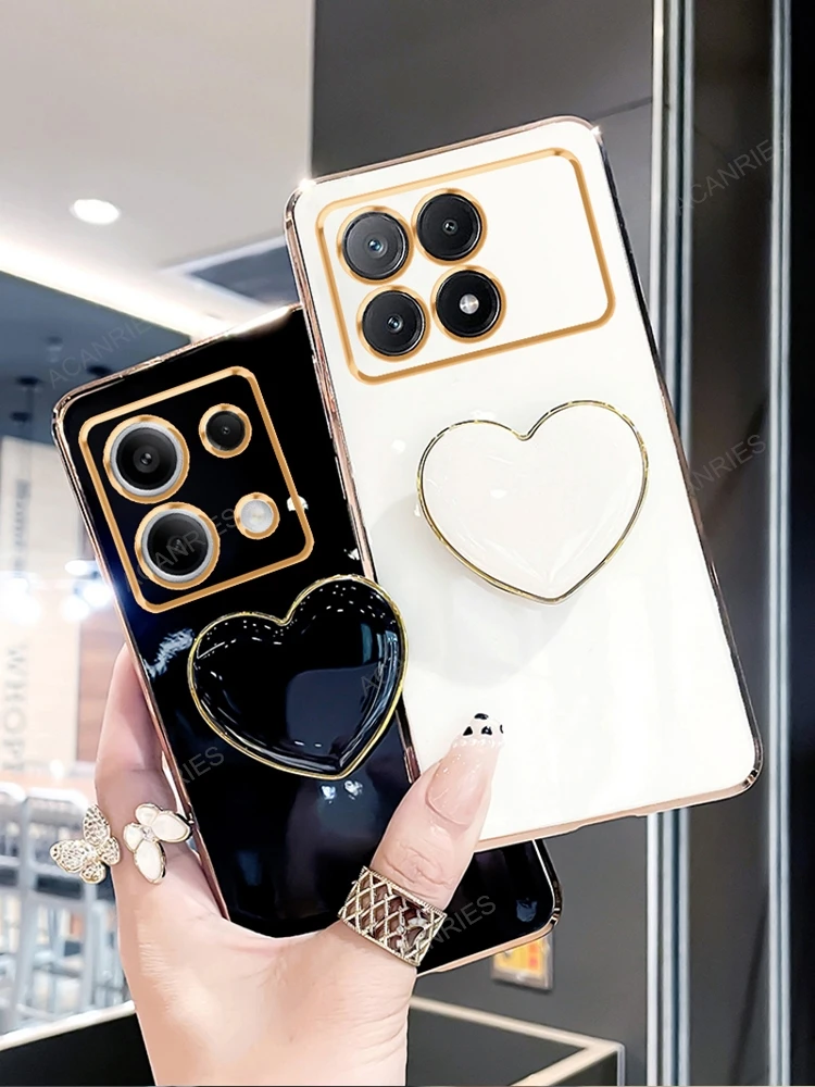 Luxury Love Heart Phone Holder Plating Case with Stand and Silicone Back Cover