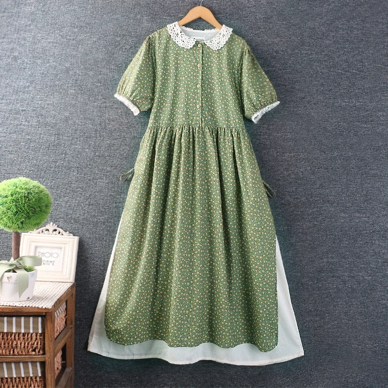 

Women's Japanese Style Mori Girl Floral Print Lace Dress, Peter Pan Collar, Short Sleeve, Casual Loose Cotton, A-line Dresses