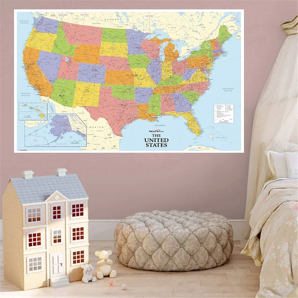 225*150 Cm The United State Map Non-woven Canvas Printing Detailed Map Large Poster Education Supplies Home Decoration world map poster