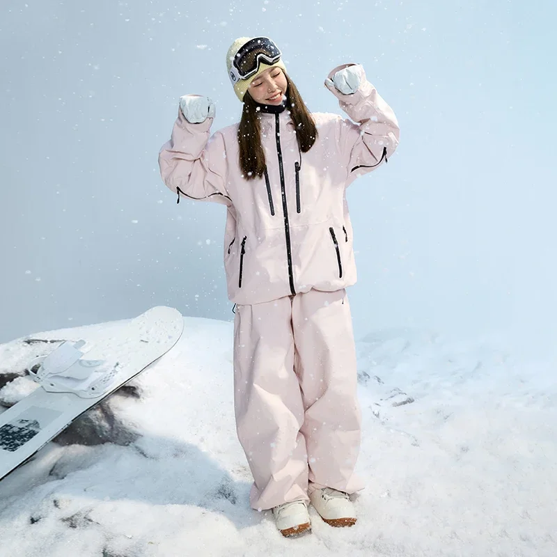 Nan'en Ski Suit Women's New Loose Waterproof Veneer Thickened 3L Full Pressure Glue Pink Pants Suit