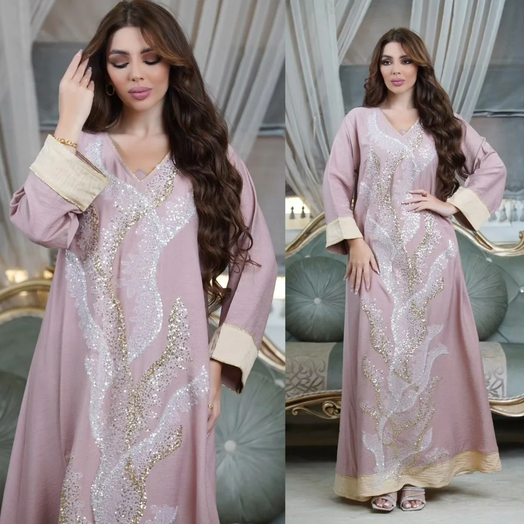 Abaya Muslim Fashion Mesh Diamonds Patchwork Full Sleeve V-Neck Belted Clothing Casual Loose Moroccan Women Long Dress