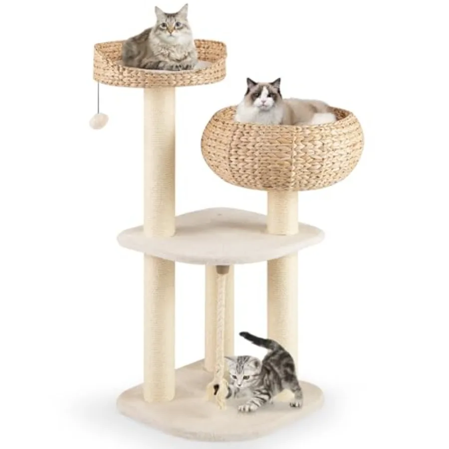 Modern Tall Cat Tree with Natural Sisal Scratch Post Hand-Made Wicker Condo Top Perch Funny Hanging Toy Ball Cute Cat Tower for
