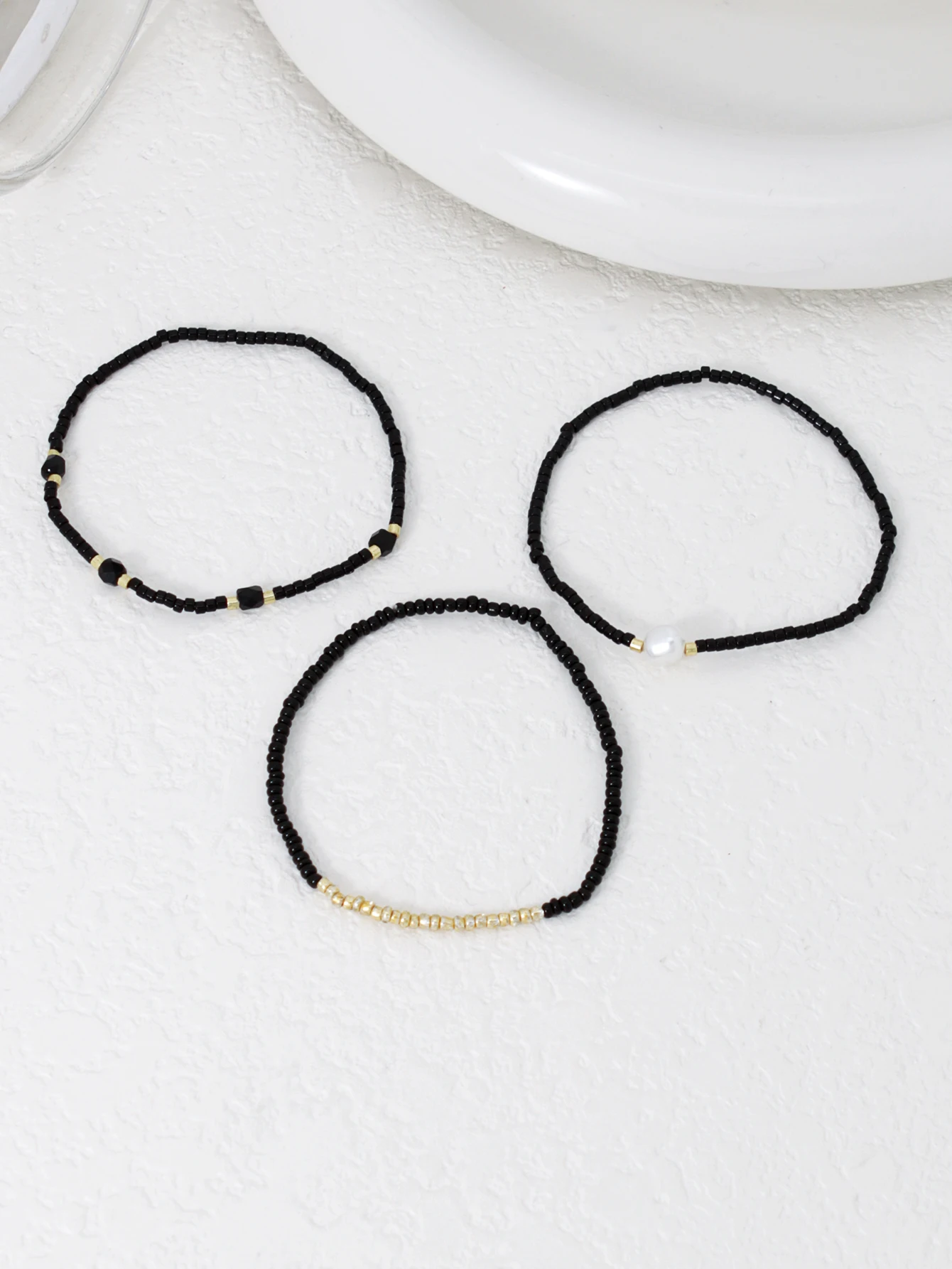 3PCS Bohemian Black Glass Bead Imitation Pearl Stacked Elastic Bracelet