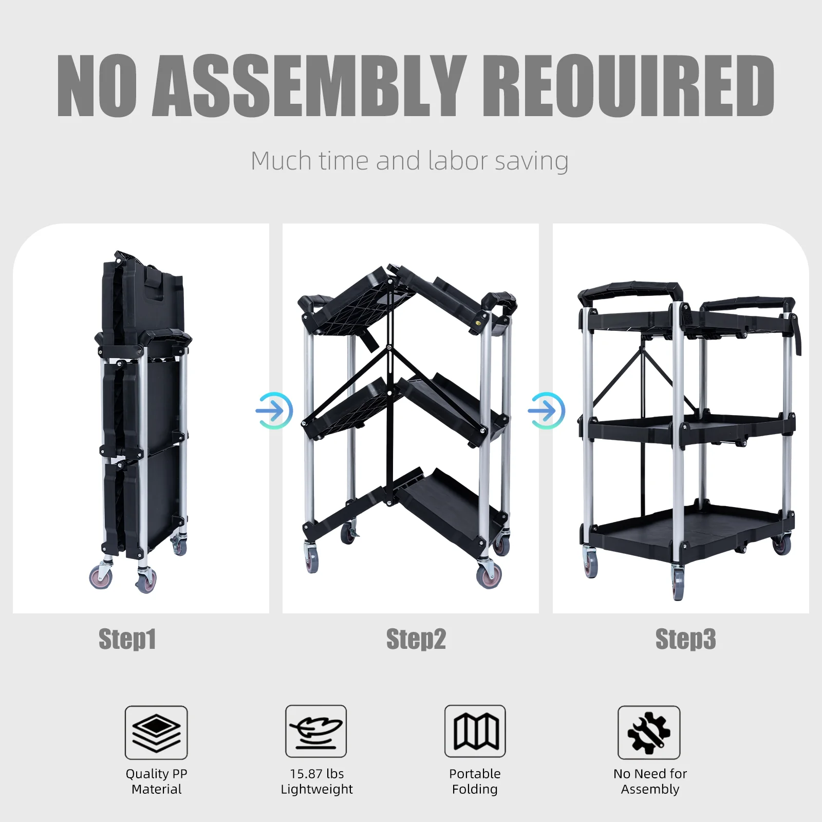 No Assembly Foldable Service Carts with Wheels 3 Tier Portable Utility Rolling Tool Garage Cart Collapsible Storage Cart