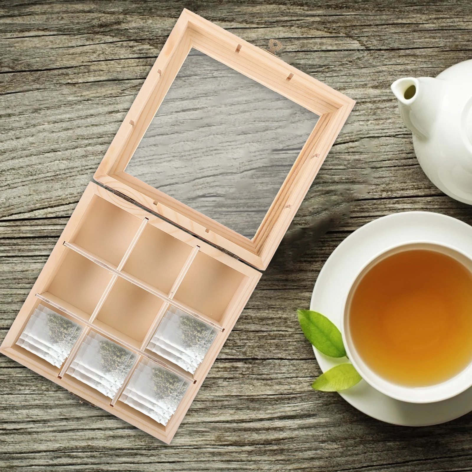 Tea Bag Countertop Holder Sugar Packet Coffee Organizer 9-Compartment Tea Box Wood Drawer With Window Coffee Box