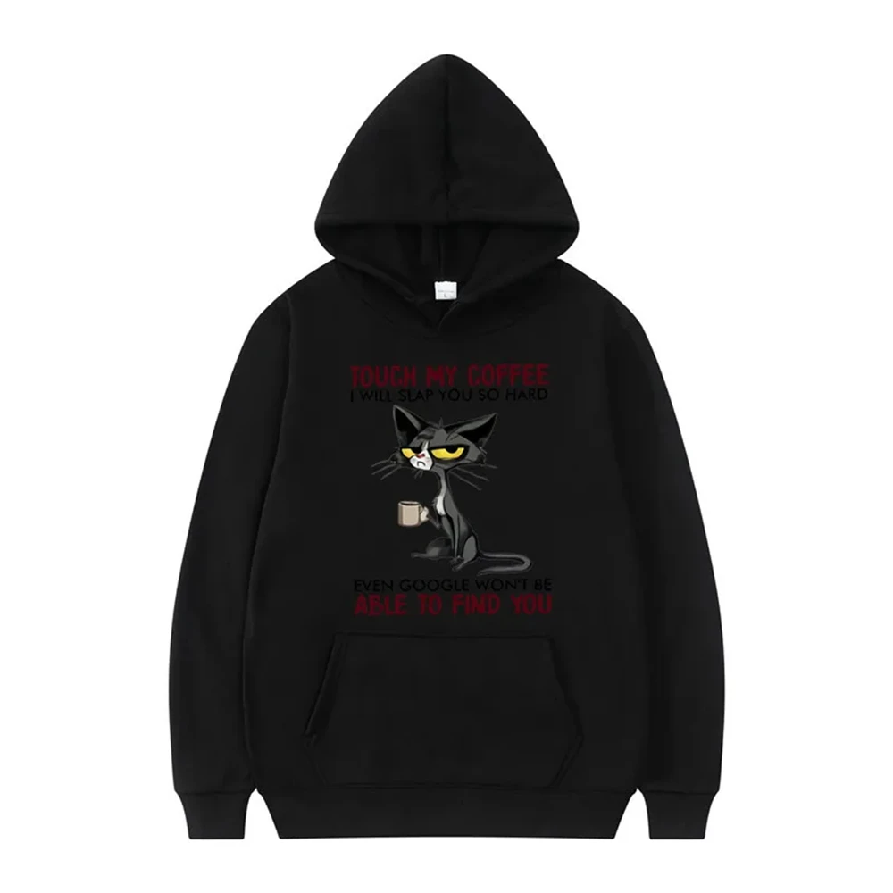 Disdainful Cat Protection Coffee Animation Print Youth Hooded Sports Top Fleece Pullover Casual Jogging Fitness Sweatshirt 6