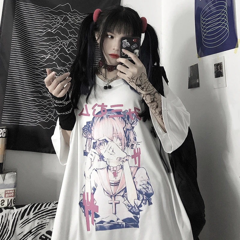 Mulheres pastel goth gráfico t camisa harajuku tshirt para senhoras kawaii  anime japonês roupas góticas preto t topo - AliExpress