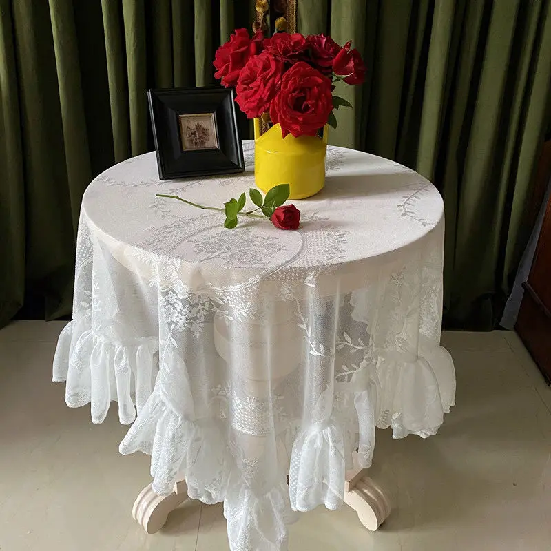 

New Retro Style White Lace Round Long Table Cloth Hotel Party Wedding Balcony Tea Desk Pastoral Decoration Covering Background