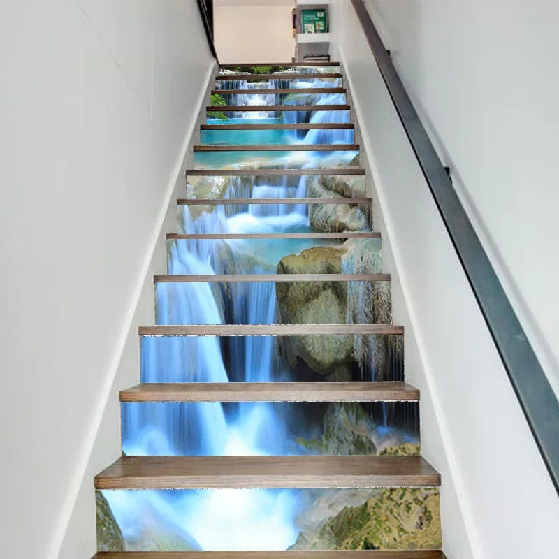 3D Self-Adhesive Stair Riser Decals Stickers Forest Waterfall Removable PVC Staircase Stickers Mural Stairway Wallpaper Sticker Decoration