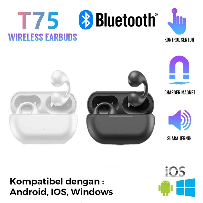TWS Bluetooth 5.3 Wireless Bone Conduction Headphones T75 Clip Ear Music Noise Canceling Headset HD Call Sports Gaming Earphones