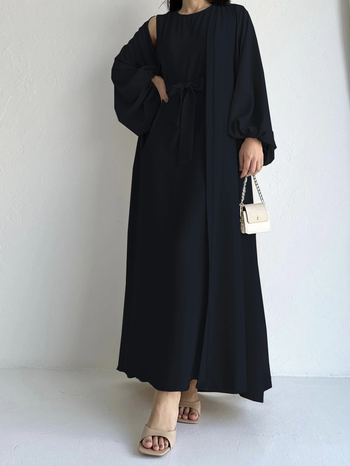 kebaya  Ramadan Elegant Solid Two-piece Set Dress, Open Front Coverup & Tie Waist Abayas Outfits, Islam Women's Clothing
