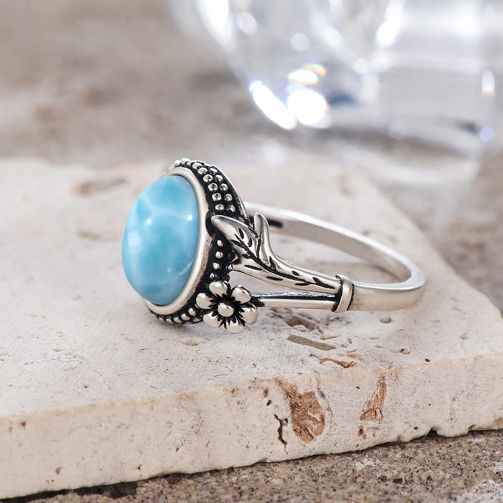 Vintage 925 Silver Ring With Natural Oval 8X10MM Larimar Stone Certified Rings With Plants Bohemian Flower Rings For Women 5