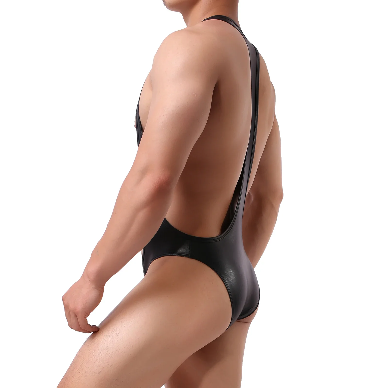 Sexy Men Leather Bodysuits Undershirts Jockstrap PU Leather Jumpsuit Wrestling Singlet Underwear Lingeries Gay Leotards Bodysuit