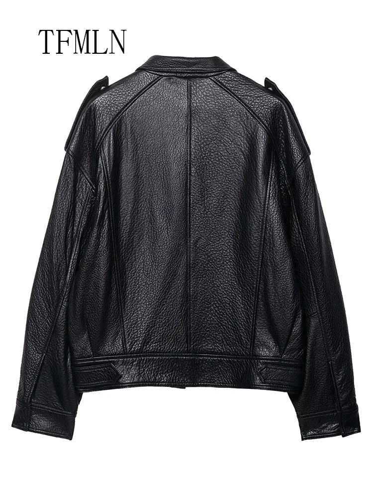 2025 Autumn Street Faux Leather Jackets Women Fashion Solid Zippers Stand Collar Full Sleeve Loose Jacket Causal Lady Outwears