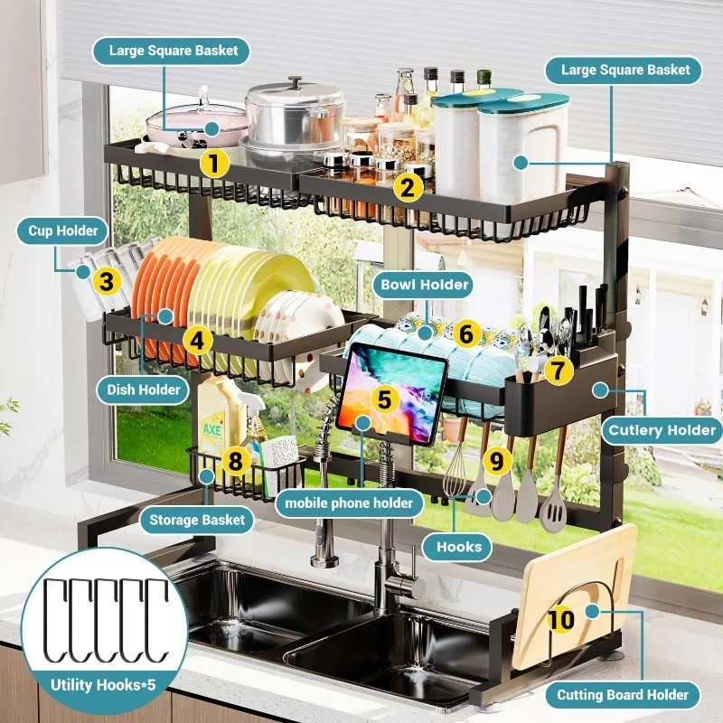 Over The Sink Dish Drying Rack (Expandable Height and Length) Snap-On Design 2 Tier Large Dish Rack (27-36L x 12W x 32.5-37H 5