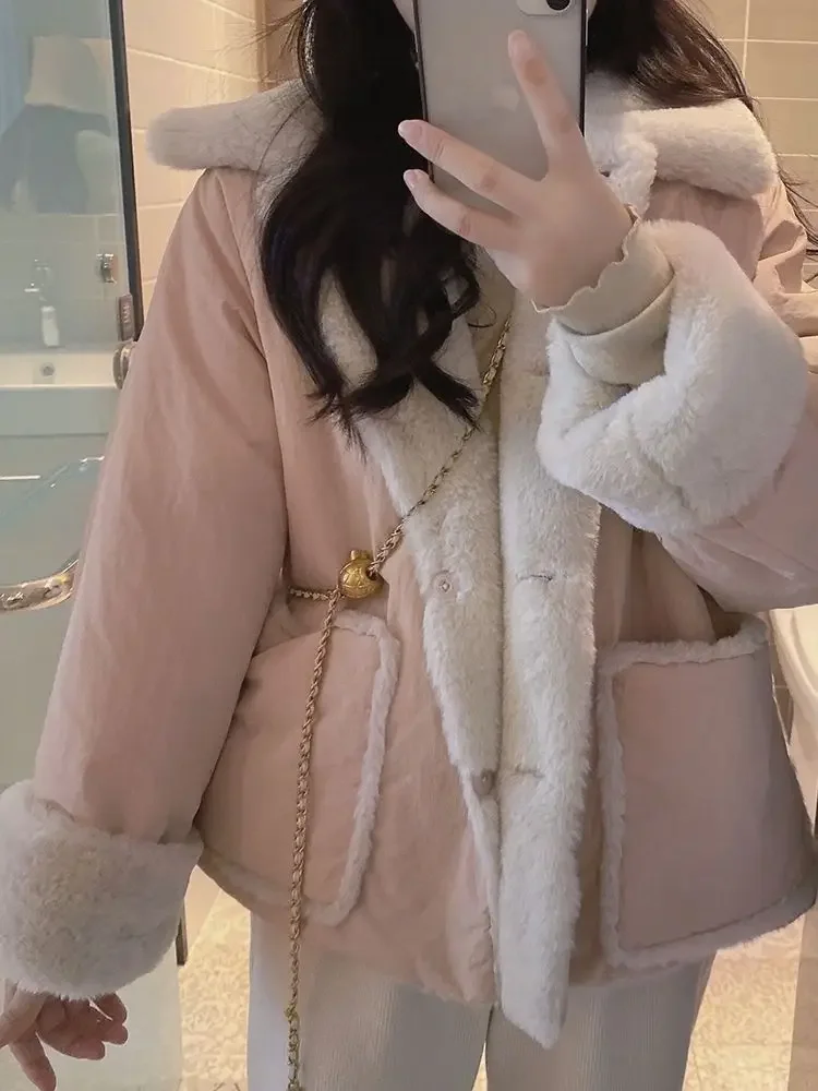 Lamb velvet cotton coat for women 2023 new winter Korean version loose plus velvet thickened double-sided cotton coat for women