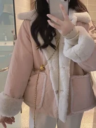 Lamb velvet cotton coat for women 2023 new winter Korean version loose plus velvet thickened double-sided cotton coat for women