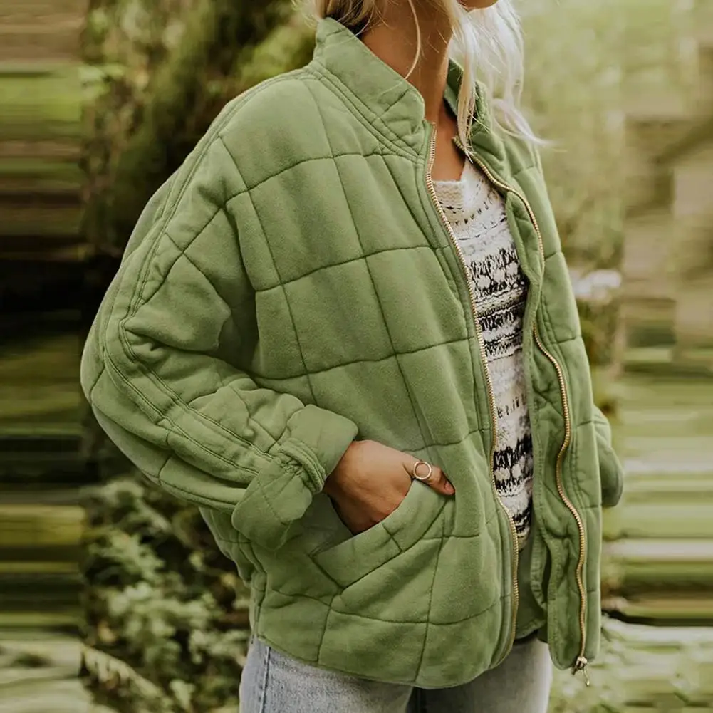 

Women Loose Coat Cozy Stand Collar Winter Jacket Warm Soft Cardigan with Zipper Closure Long Sleeve Pockets for Cold-proof Fall