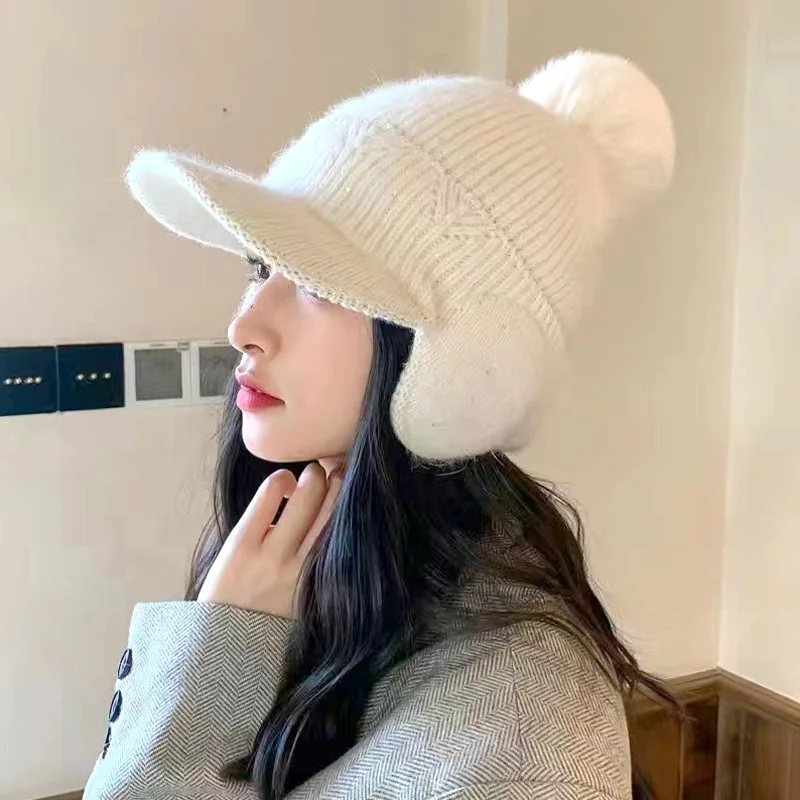 여성용 두꺼운 벨벳 오리 혀 니트 울 모자, 야외 사이클링 귀 보호 야구 모자, 폼폼 따뜻한 피크 캡, 겨울